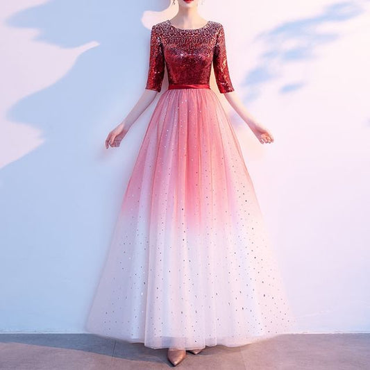 Gown Gradient A-Line Elbow-Sleeve Evening Sequin