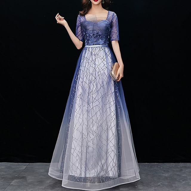 Sequin Gown Embroidered Flower Evening A-Line