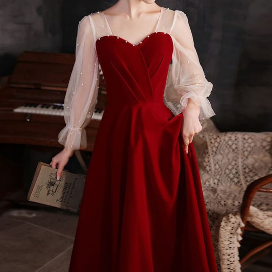 Plain Evening Midi / Dress A-Line Gown Pearl Faux Puff-Sleeve