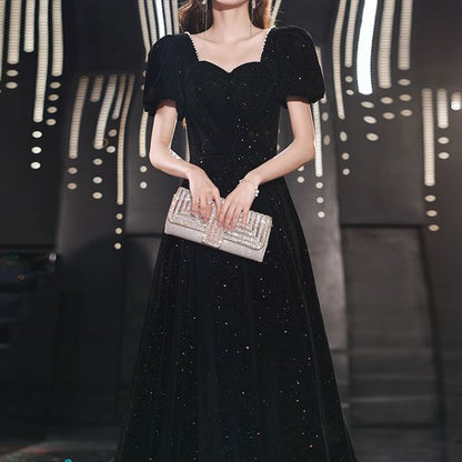 Gown Puff-Sleeve Sequin A-Line Evening