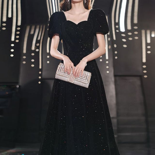 Gown Puff-Sleeve Sequin A-Line Evening