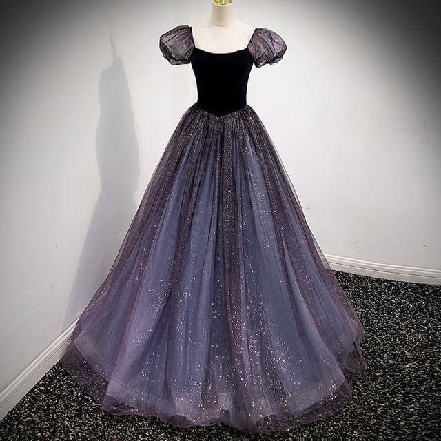 Puff-Sleeve Ball A-Line Sequin Gown