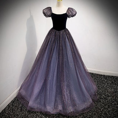 Puff-Sleeve Ball A-Line Sequin Gown