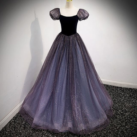 Puff-Sleeve Ball A-Line Sequin Gown