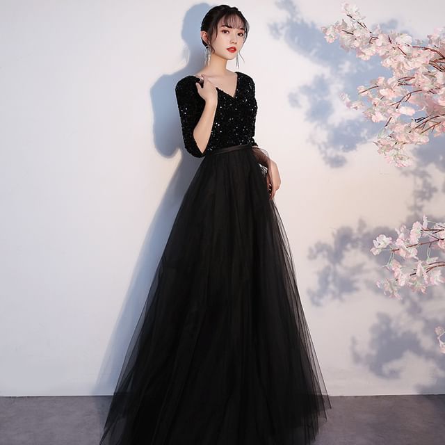 Evening Gown A-Line V-Neck Sequin Elbow-Sleeve