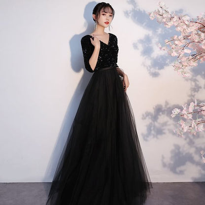 Evening Gown A-Line V-Neck Sequin Elbow-Sleeve