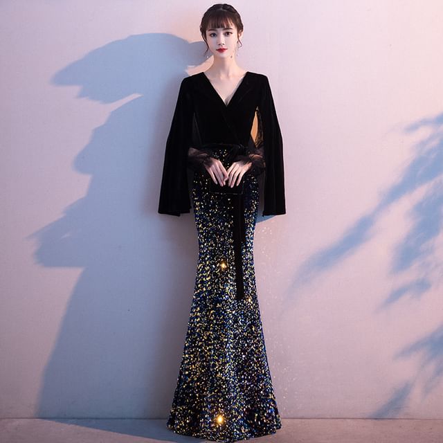 Evening Maxi Mermaid Gown Flared-Sleeve Sequin