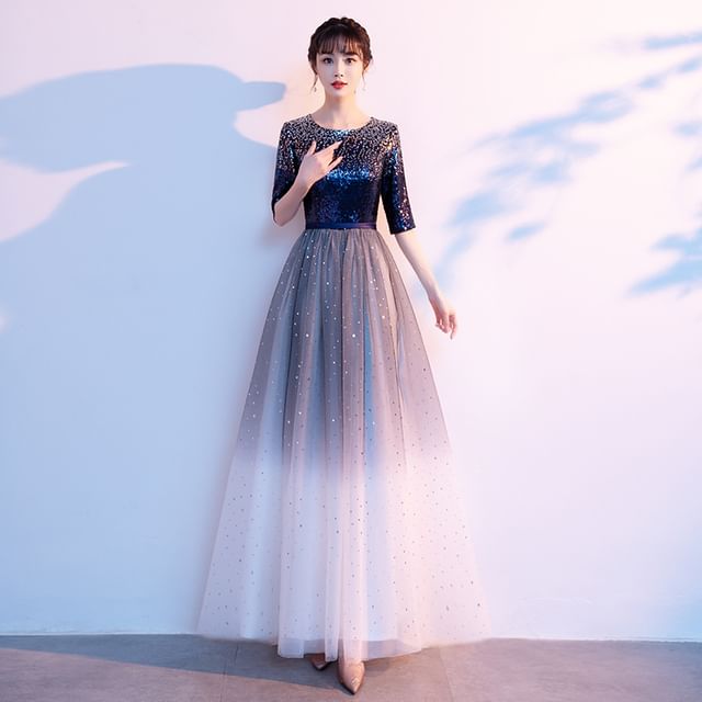 Gown Gradient A-Line Elbow-Sleeve Evening Sequin