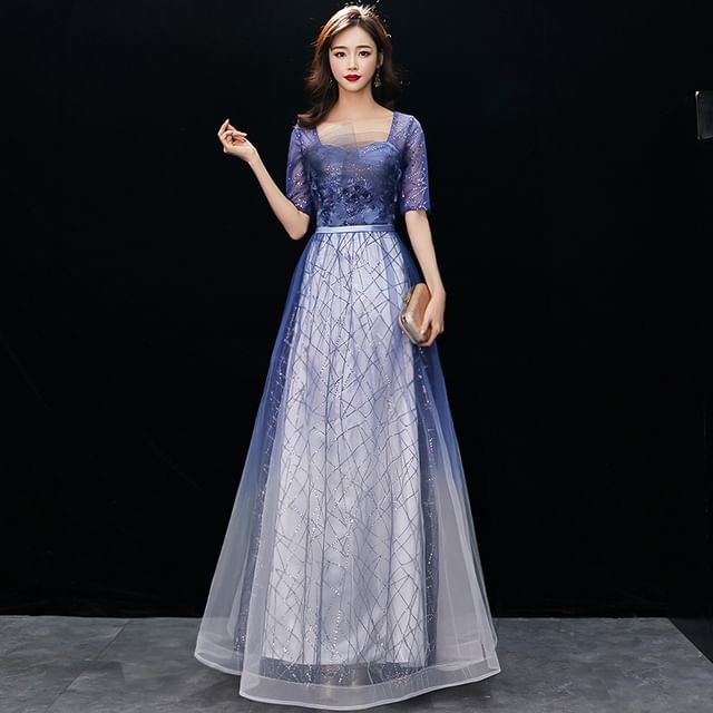 Sequin Gown Embroidered Flower Evening A-Line