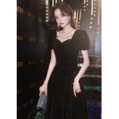 Sequin Evening Puff-Sleeve A-Line Gown