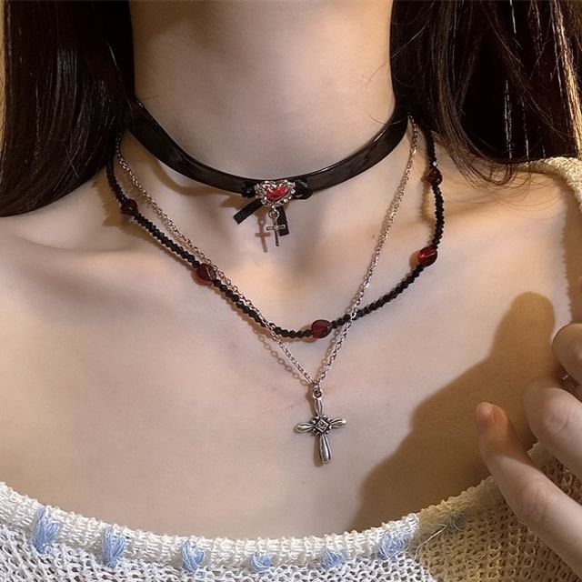 Cross Necklace / Faux Leather Rhinestone Choker