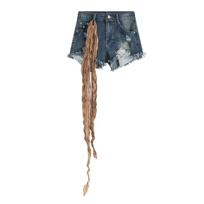 High Waist Washed Distressed Denim Shorts with Sash