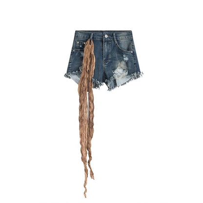 High Waist Washed Distressed Denim Shorts with Sash