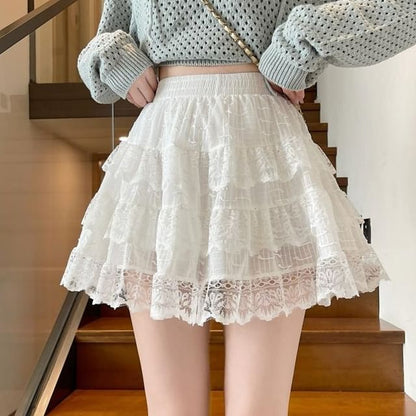 Layered Lace Ruffle High-Waist Mini Skirt