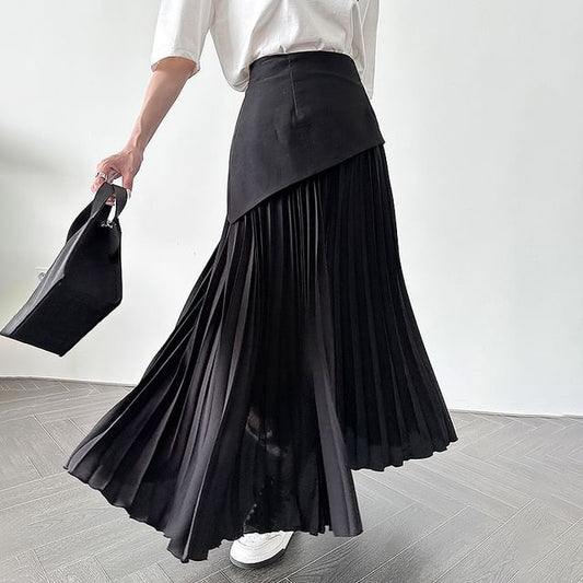 Two-Tone Pleated Maxi A-Line Skirt