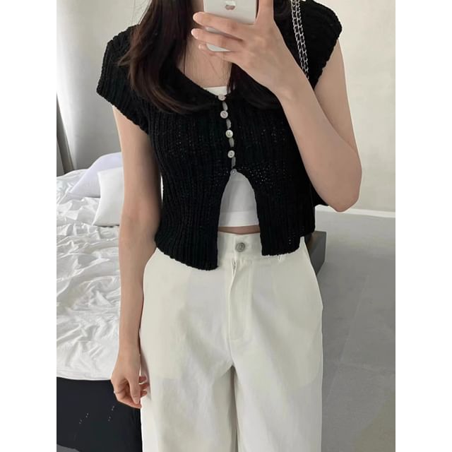 Short Sleeve V-Neck Button Up Cropped Cardigan