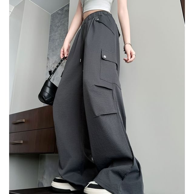 High Waist Pocketed Drawstring Wide Leg Parachute Cargo Sweatpants