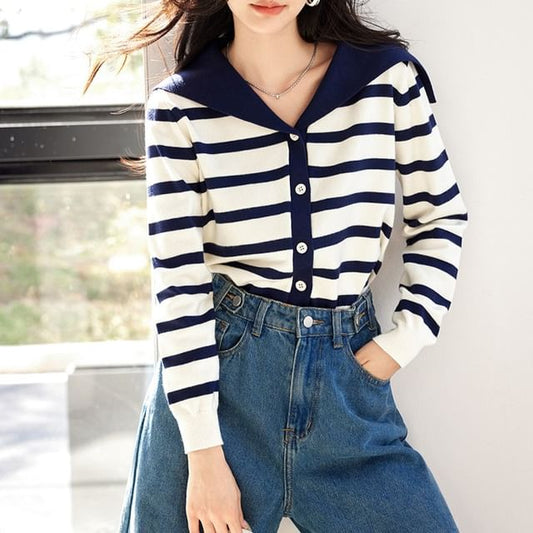 Sailor Collar Striped Cardigan