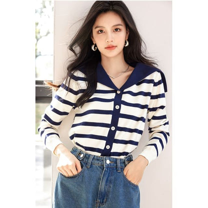 Sailor Collar Striped Cardigan