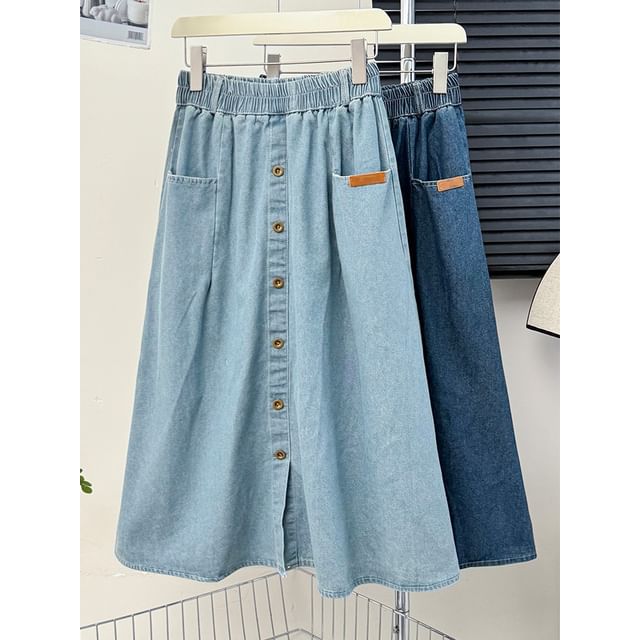 Elastic Waist Denim A-Line Midi Skirt with Pockets