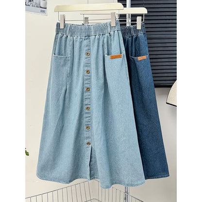 Elastic Waist Denim A-Line Midi Skirt with Pockets
