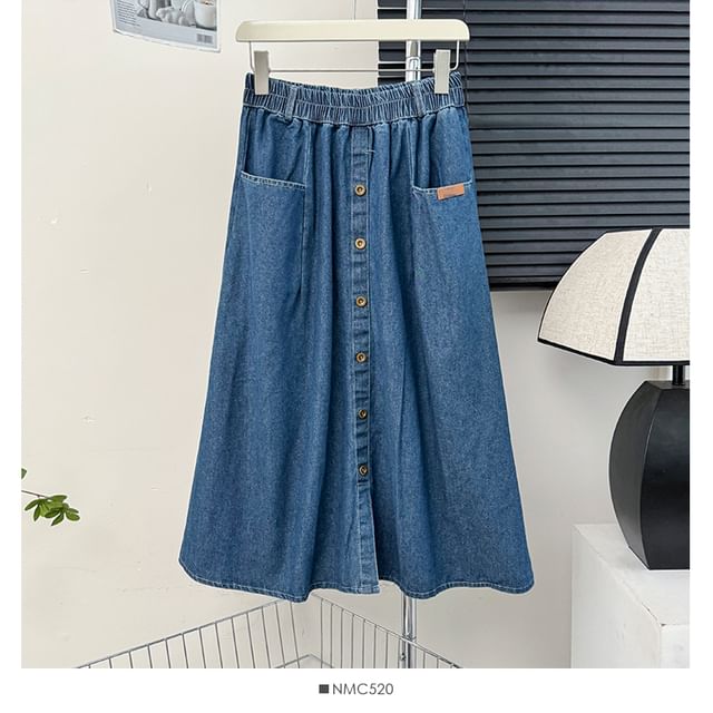 Elastic Waist Denim A-Line Midi Skirt with Pockets