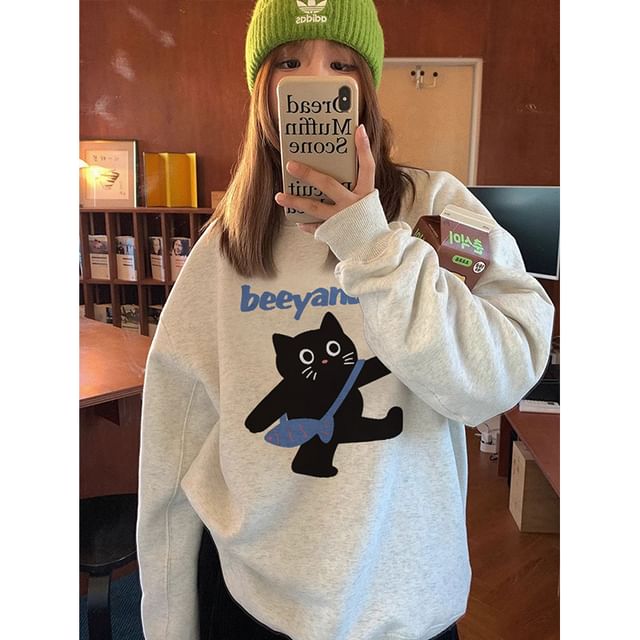 Crew Neck Cat Print Sweatshirt