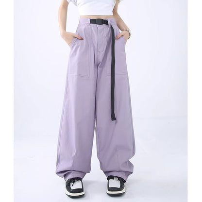 High Rise Buckle Accent Plain Straight-Fit Wide-Leg Cargo Pants