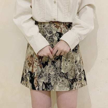 Cat Print Jacquard A-Line Mini Skirt