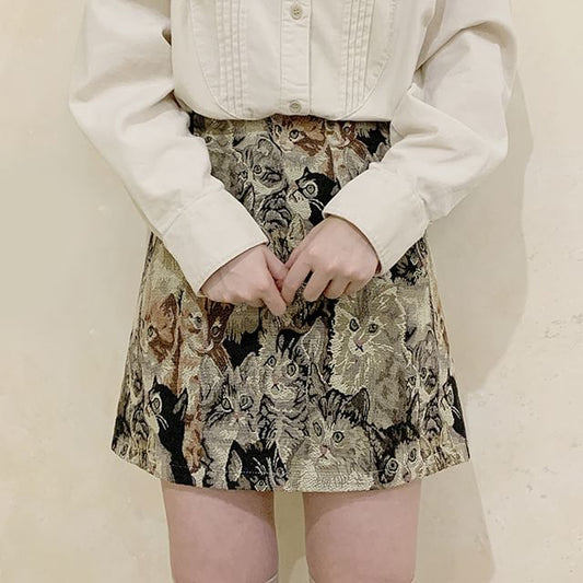 Cat Print Jacquard A-Line Mini Skirt