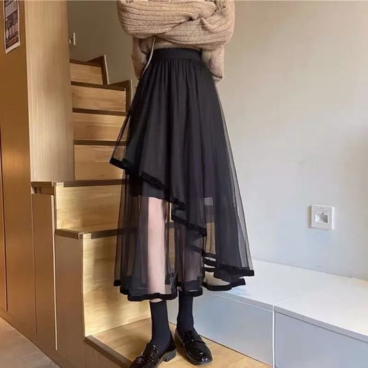 Elevated Waist Mesh Midi Flared Skirt