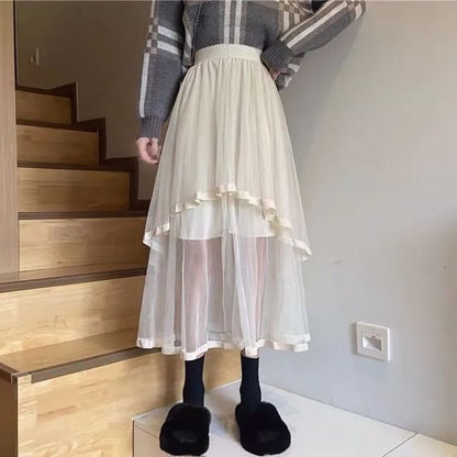 Elevated Waist Mesh Midi Flared Skirt