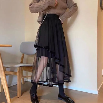 Elevated Waist Mesh Midi Flared Skirt