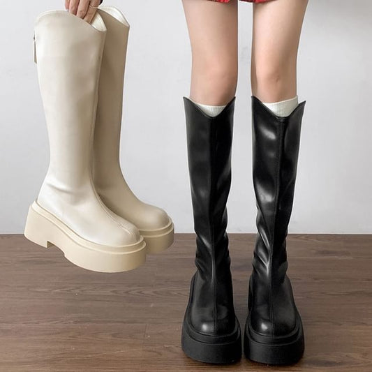 Platform Faux Leather Knee High Boots