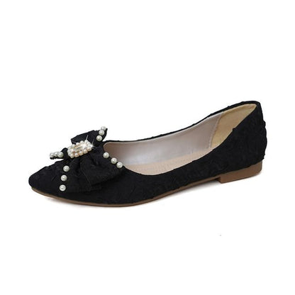 Pointed Toe Rhinestone Faux Pearl Bow Flats