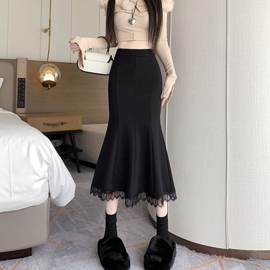Lace Trim Fishtail Midi Skirt
