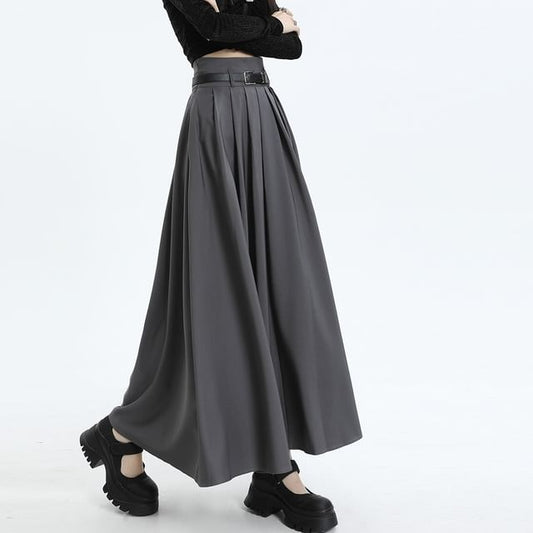 Elevated Waist Plain Maxi Flared Skirt