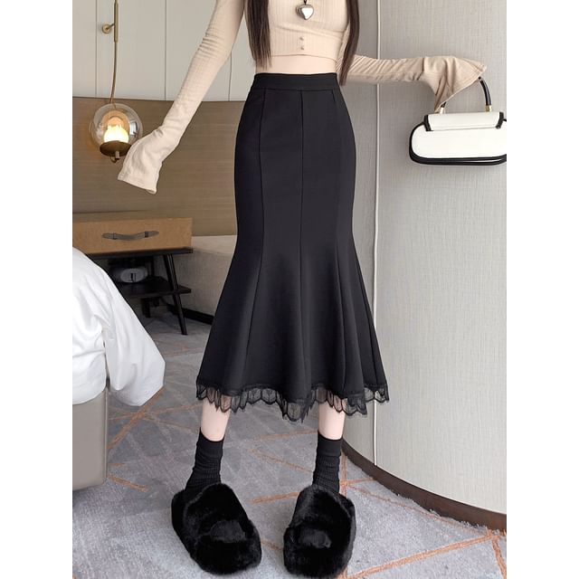 Lace Trim Fishtail Midi Skirt