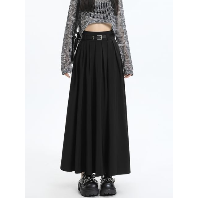 Elevated Waist Plain Maxi Flared Skirt