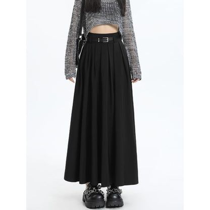 Elevated Waist Plain Maxi Flared Skirt