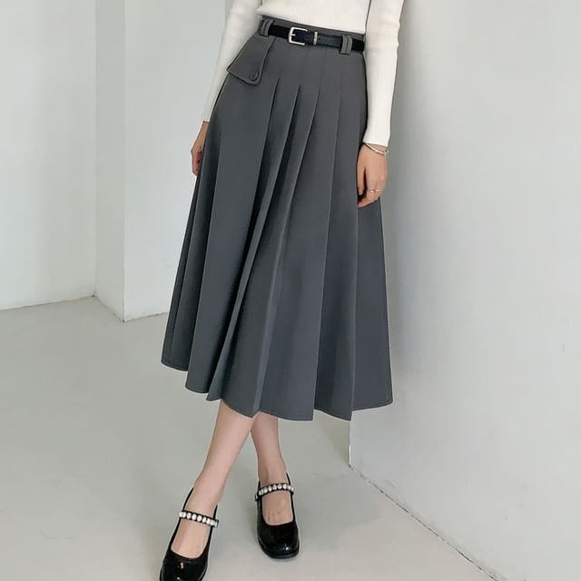 Elevated Waist Asymmetric Pleated Midi Flared Skirt