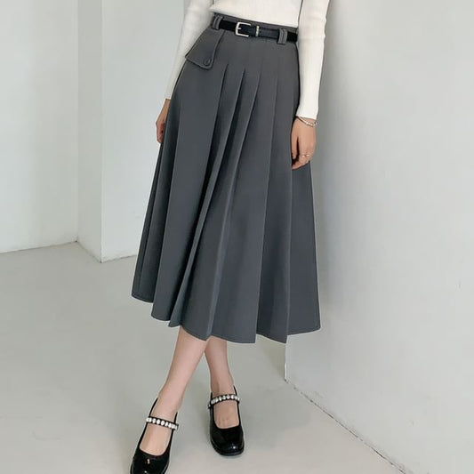 Elevated Waist Asymmetric Pleated Midi Flared Skirt