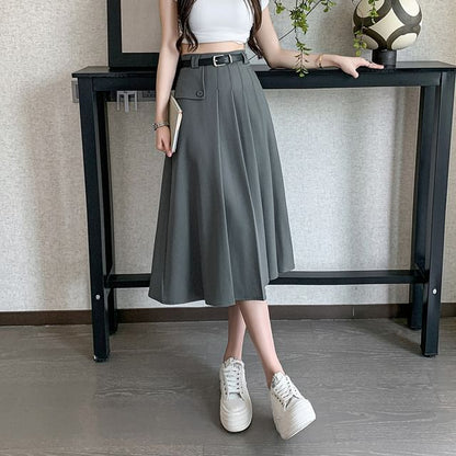 Elevated Waist Asymmetric Pleated Midi Flared Skirt