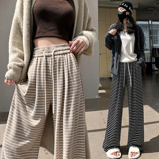 Drawstring Waist Striped Wide Leg Pants