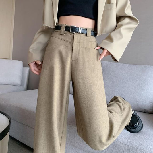 Mid Rise Plain Wide Leg Slacks