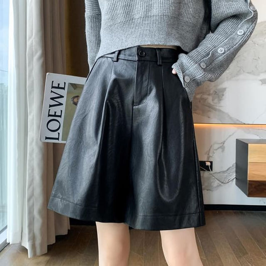 High Waist Plain Faux Leather Shorts