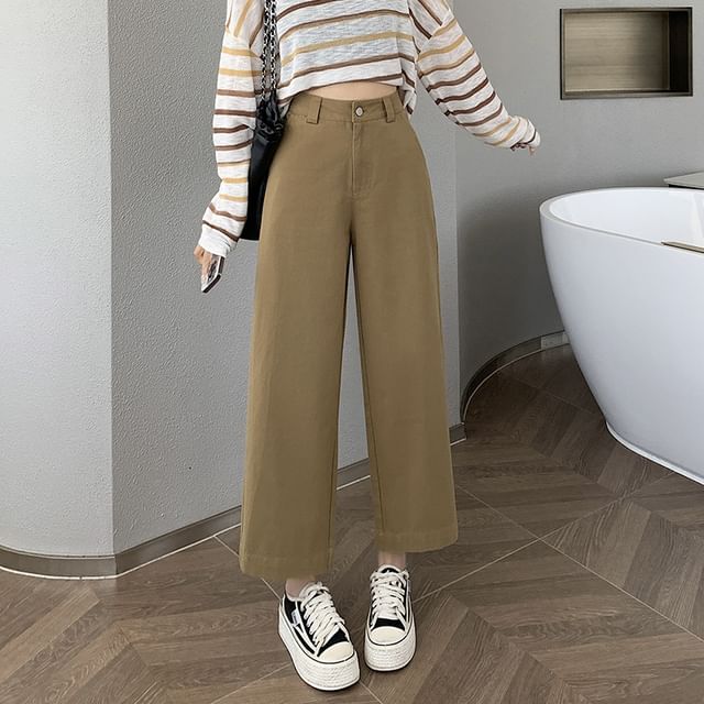 High Rise Plain Cropped Straight Leg Pants