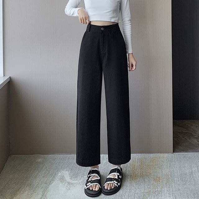 High Rise Plain Cropped Straight Leg Pants