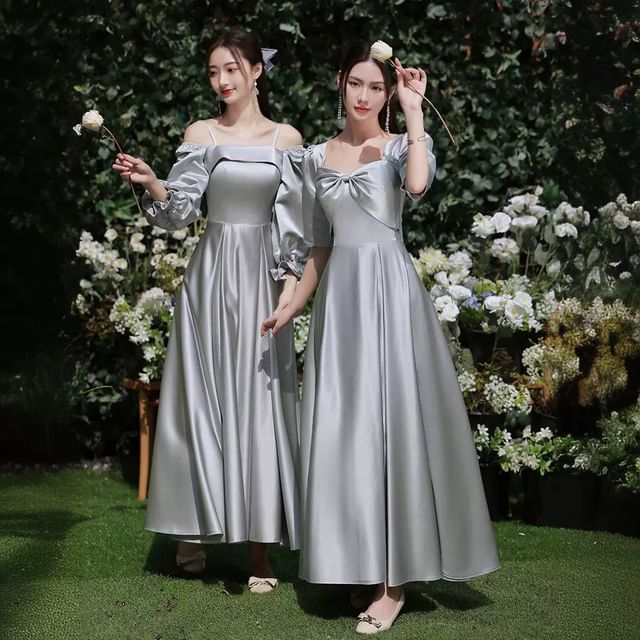 Puff-Sleeve Plain Maxi A-Line Bridesmaid Dress