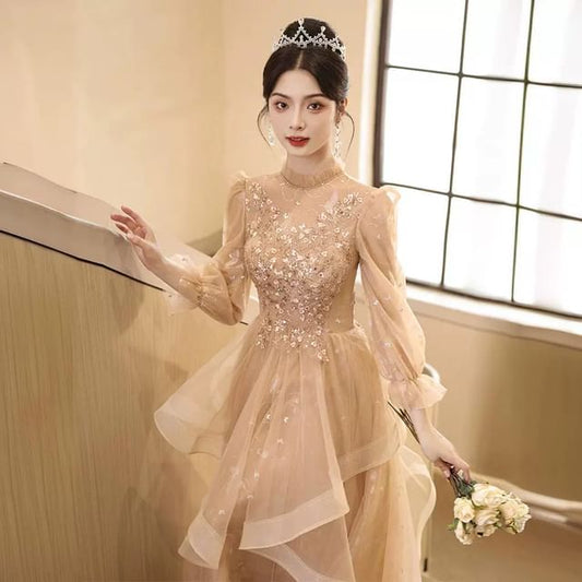 A-Line Evening Print Ruffle Butterfly Gown Sequin Puff-Sleeve